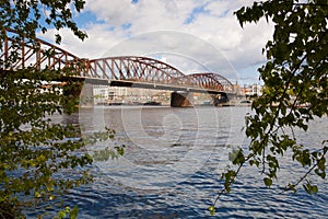 Old iron railway bridge in Prague,Czech Republic.